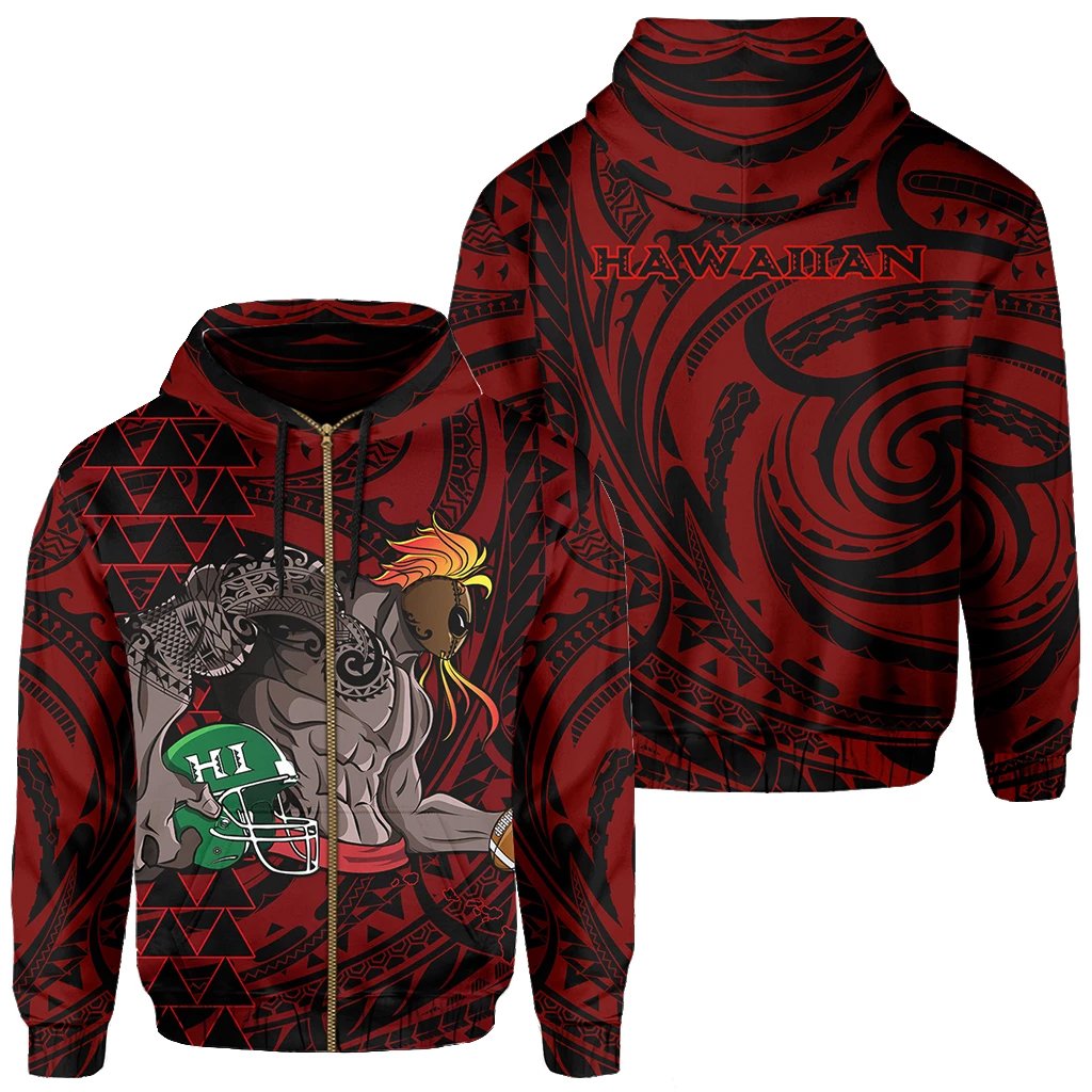 Kakau Red Hawaii Warrior Football Hoodie (Zip) Unisex Red - Polynesian Pride
