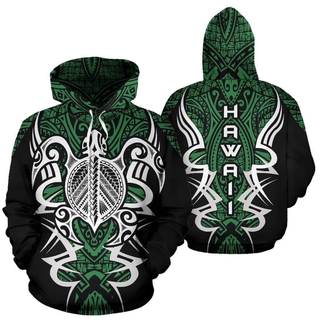 Hawaii Turtle Tribal Green Hoodie Armor Style Unisex Blue - Polynesian Pride