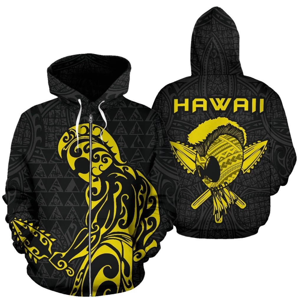 Polynesian Kakau Helmet Weapon Yelllow Kanaka Warrior Hoodie (Zip) Unisex Yellow - Polynesian Pride