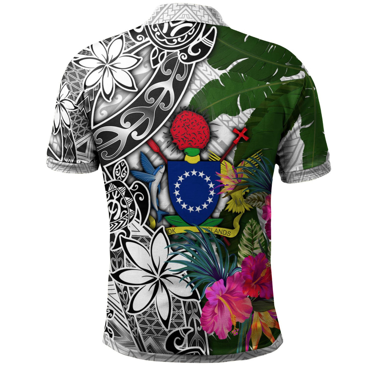 Cook Islands Polo Shirt White Turtle Plumeria Banana Leaf - Polynesian Pride