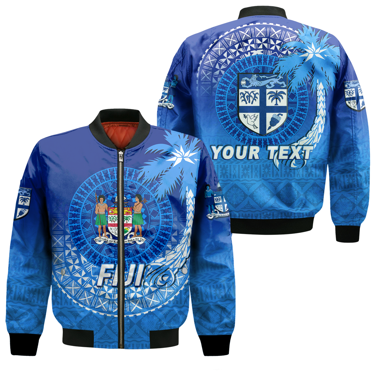(Custom Personalised) Fiji Tapa Tribal Coconut Tree Bomber Jacket - LT12 Bomber Jacket Blue - Polynesian Pride