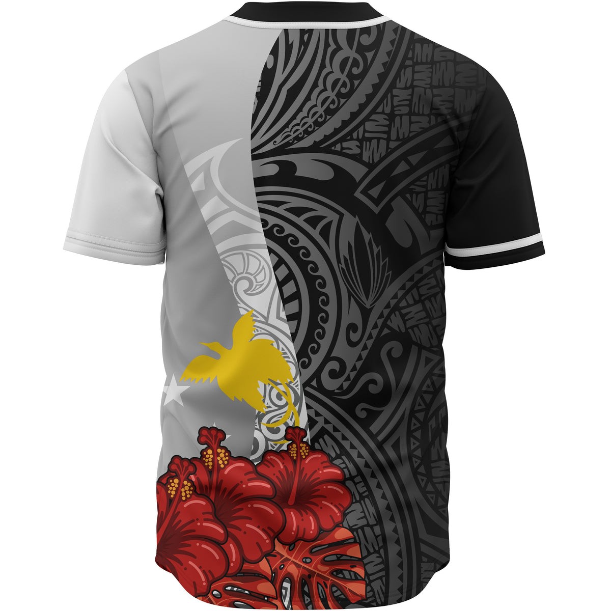 Papua New Guinea Polynesian Custom Personalised Baseball Shirt - Coat Of Arm With Hibiscus White - Polynesian Pride
