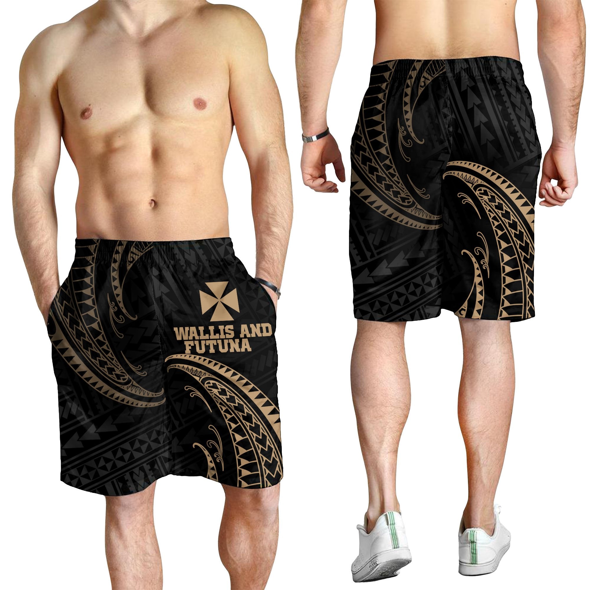 Wallis And Futuna Polynesian Men's Short - Gold Tribal Wave - Polynesian Pride