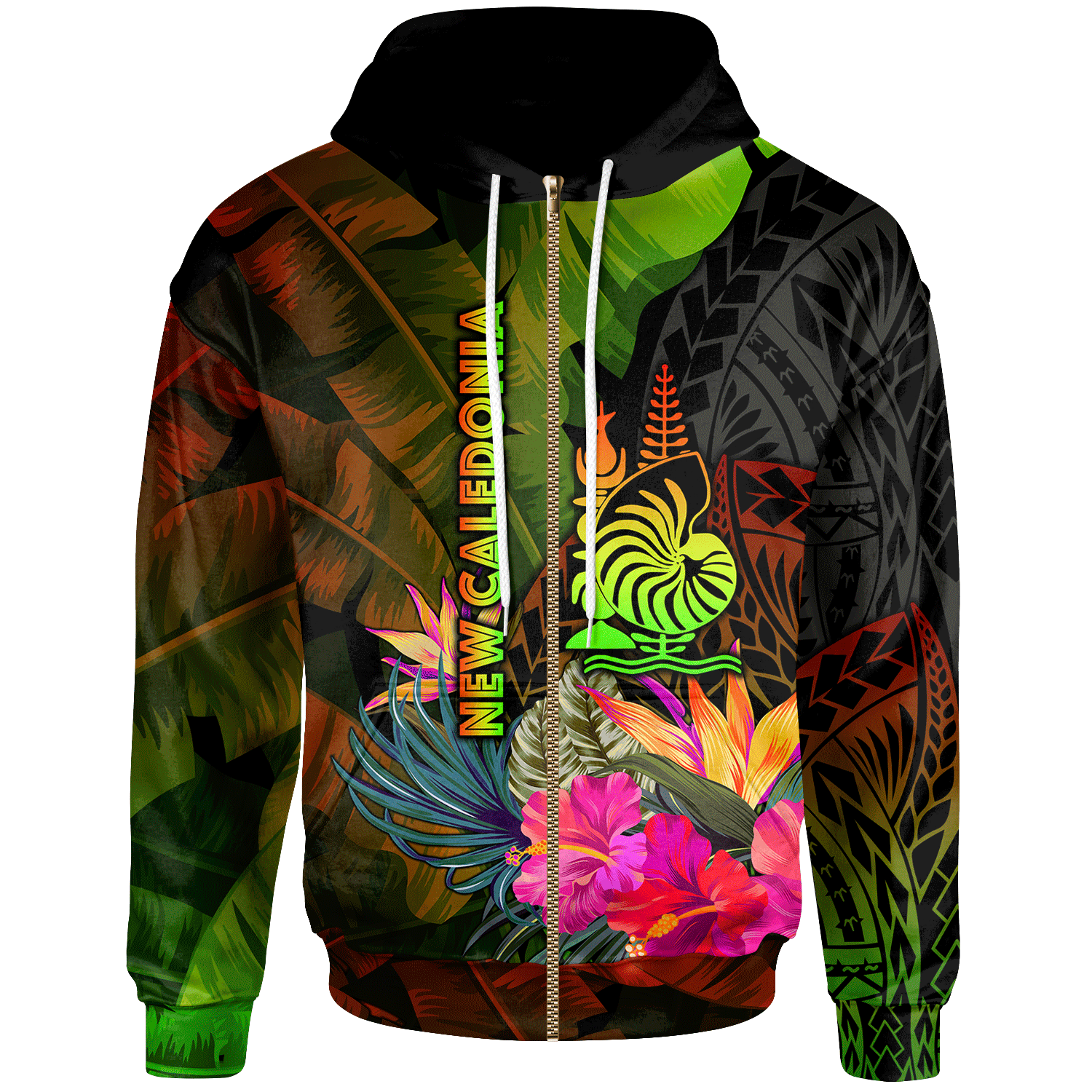 New Caledonia Polynesian Zip up Hoodie Hibiscus and Banana Leaves Unisex Reggae - Polynesian Pride