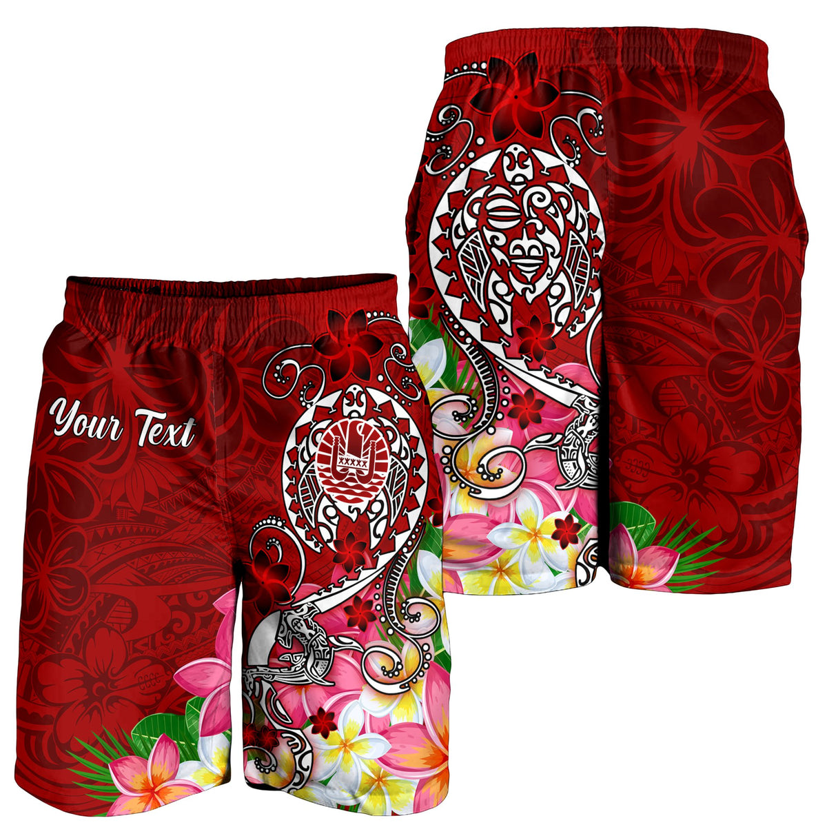 Tahiti Custom Personalised Men's Shorts - Turtle Plumeria (Red) - Polynesian Pride