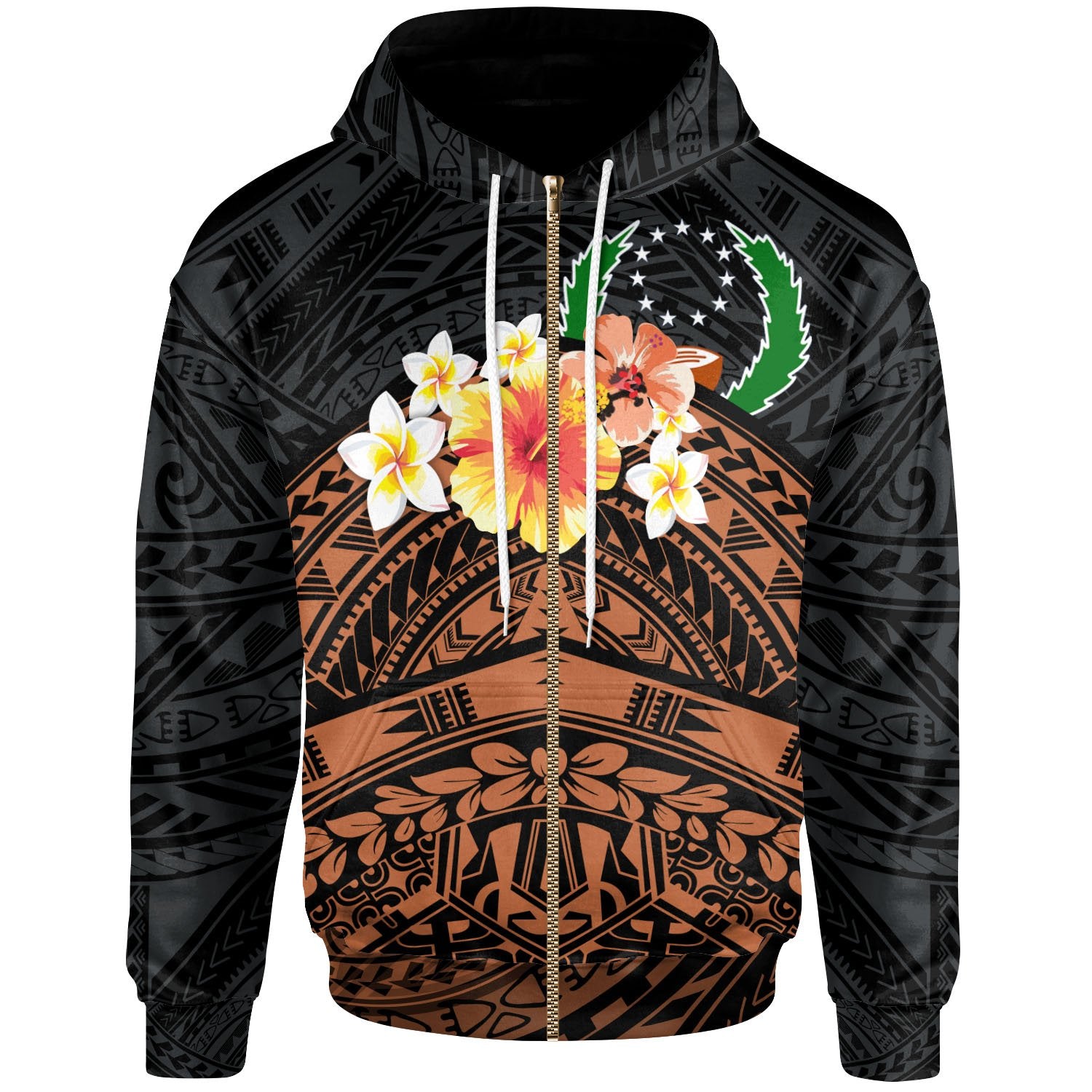 Pohnpei Custom Zip up Hoodie Tribal Pattern Hibiscus Unisex Black - Polynesian Pride
