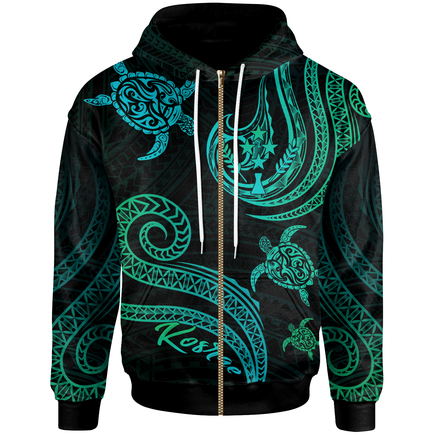 Kosrae Zip Hoodie Polynesian Turtle With Pattern Unisex Blue Green - Polynesian Pride