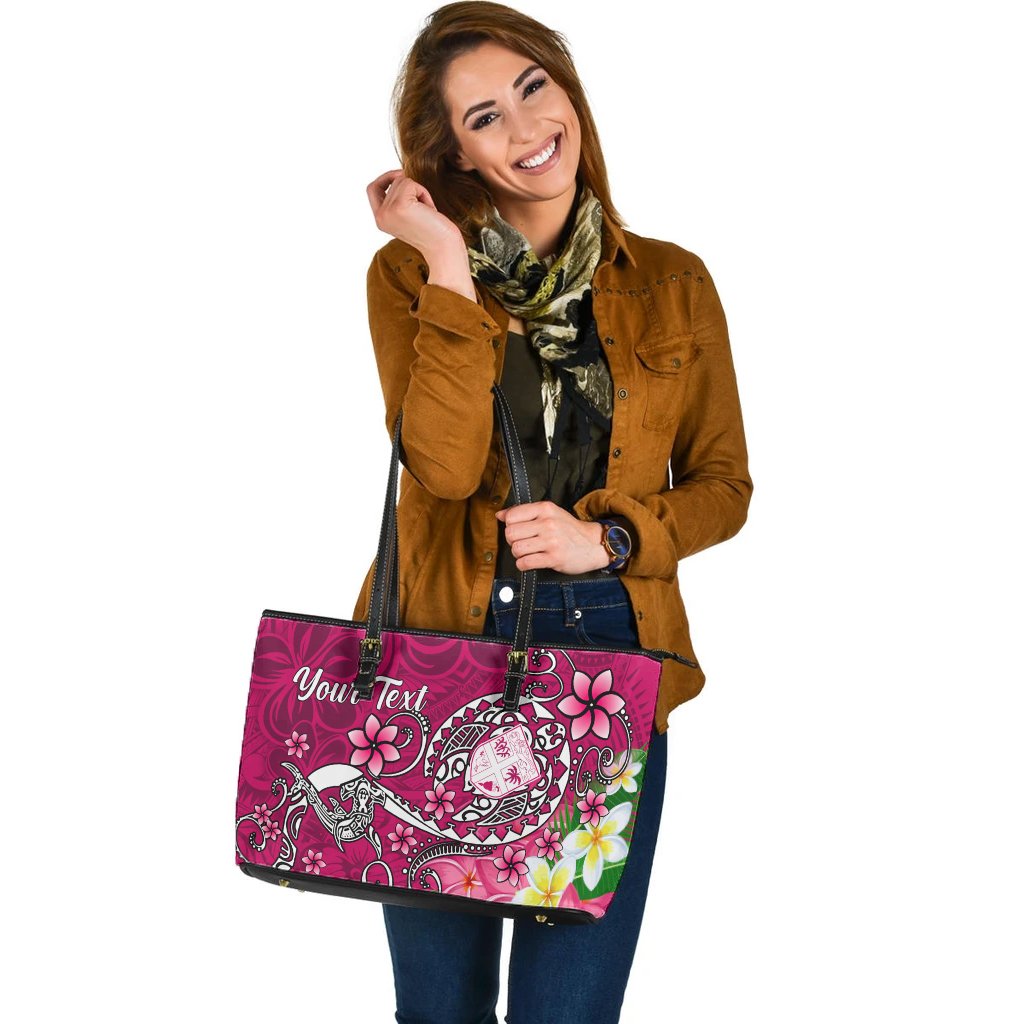 Fiji Custom Personalised Large Leather Tote Bag - Turtle Plumeria (Pink) - Polynesian Pride