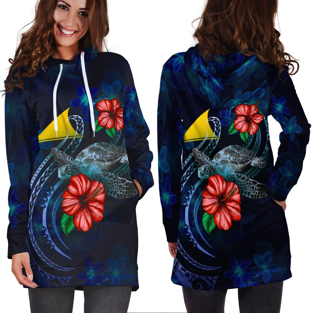 Tokelau Polynesian Hoodie Dress - Blue Turtle Hibiscus - Polynesian Pride