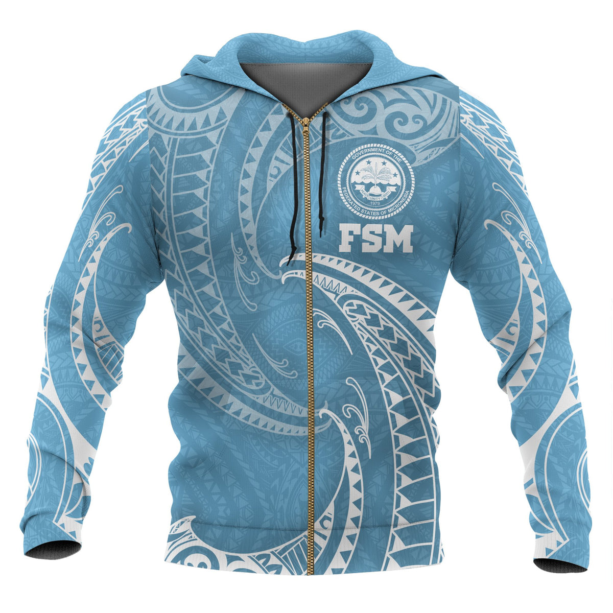 Federated States of Micronesia All Over Zip up Hoodie Blue Tribal Wave Unisex Blue - Polynesian Pride