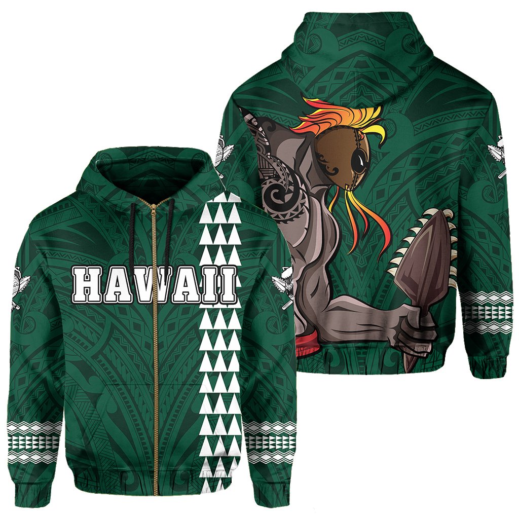Polynesian Islands Warrior Kakau Hawaii Zip Hoodie Green Unisex Green - Polynesian Pride