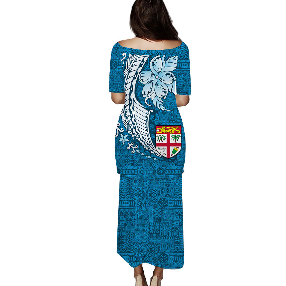 Fiji Tapa Pattern With Plumeria Tribal Puletasi Dress - LT12 - Polynesian Pride