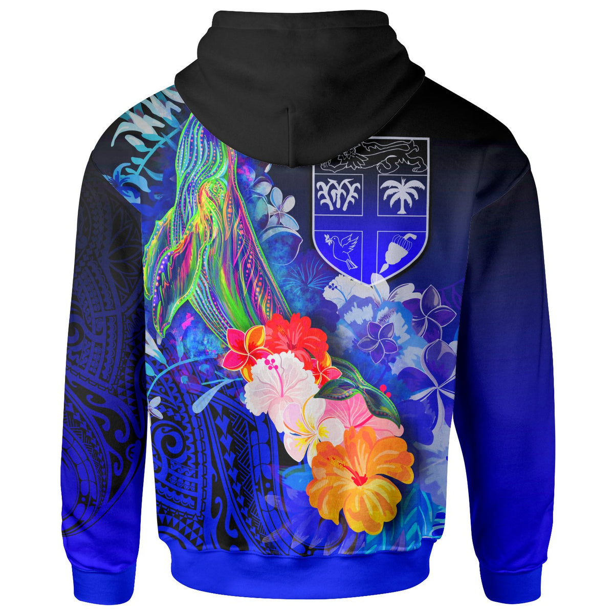 Fiji Custom Hoodie Humpback Whale with Tropical Flowers (Blue) - Polynesian Pride