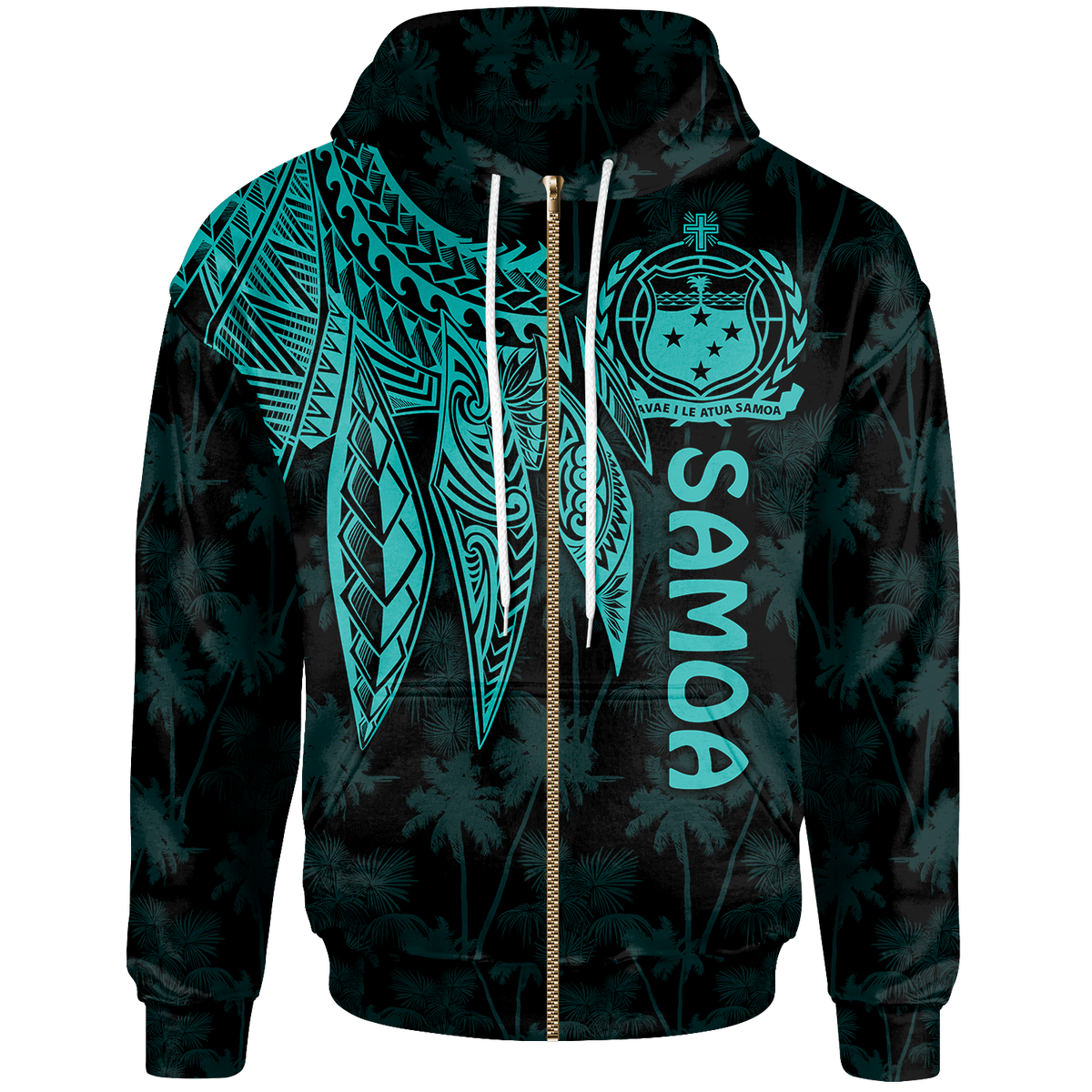 Samoa Zip up Hoodie Polynesian Wings (Turquoise) - Polynesian Pride