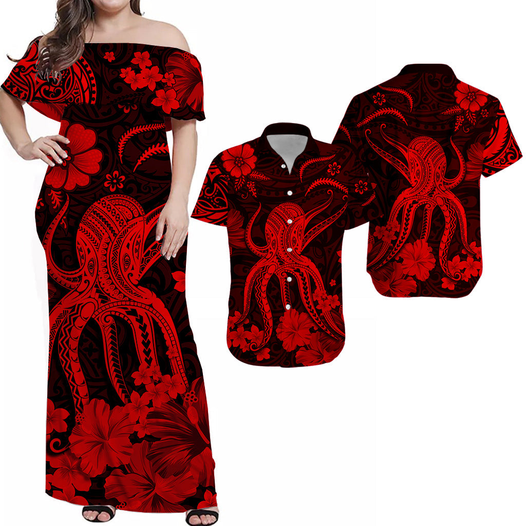 Hawaii Matching Polynesia Red Octopus Dress and Hawaiian Shirt