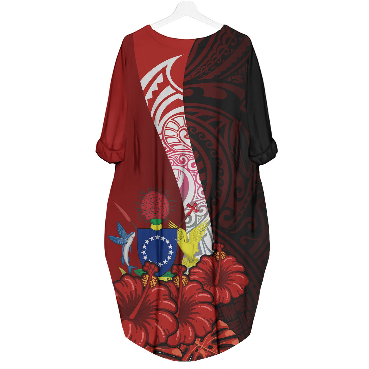 Cook Islands Polynesian Batwing Pocket Dress - Hibiscus With Coat Of Arm - Polynesian Pride
