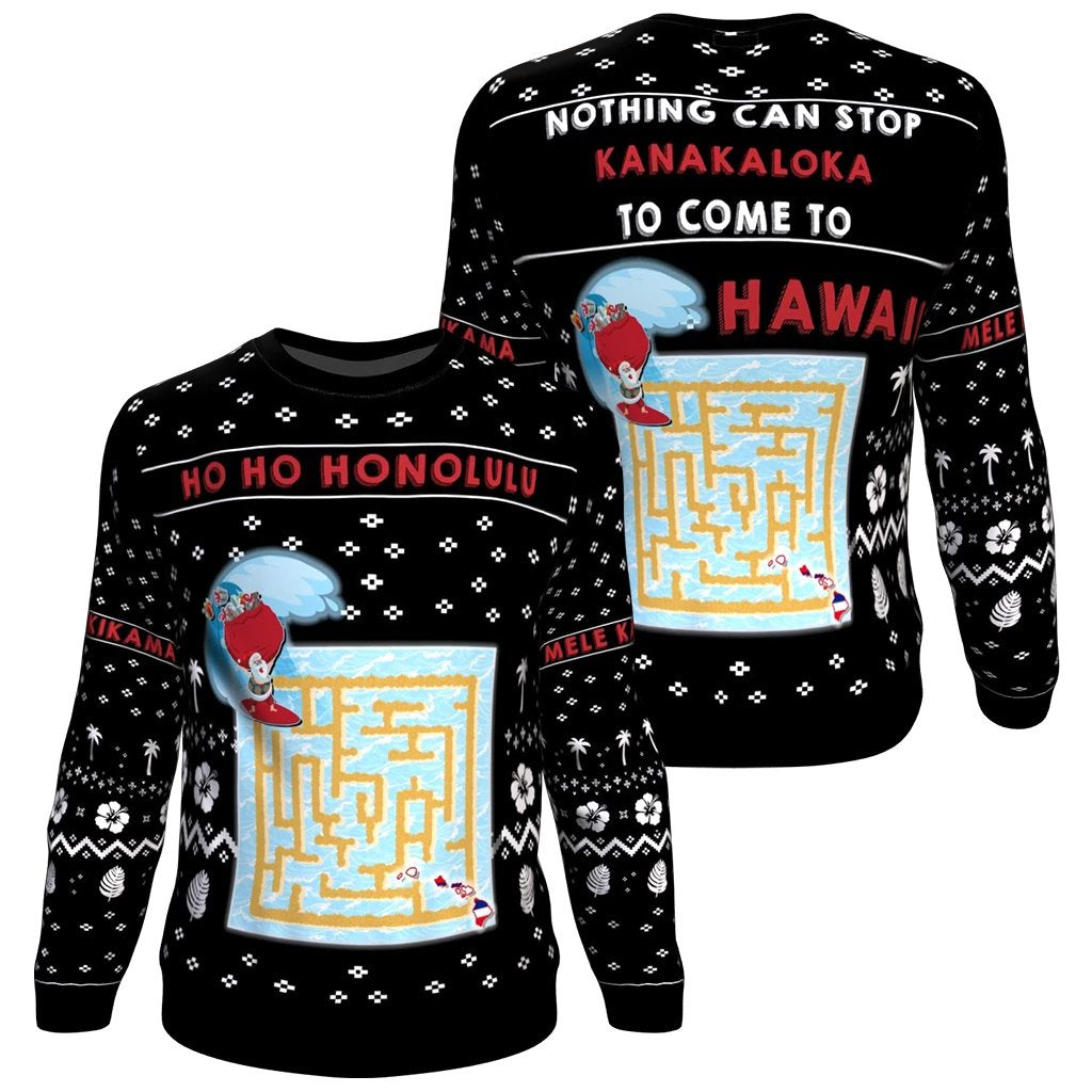 Hawaii Ugly Christmas Santa Claus Sweatshirt - Maze Game Style Unisex Black - Polynesian Pride
