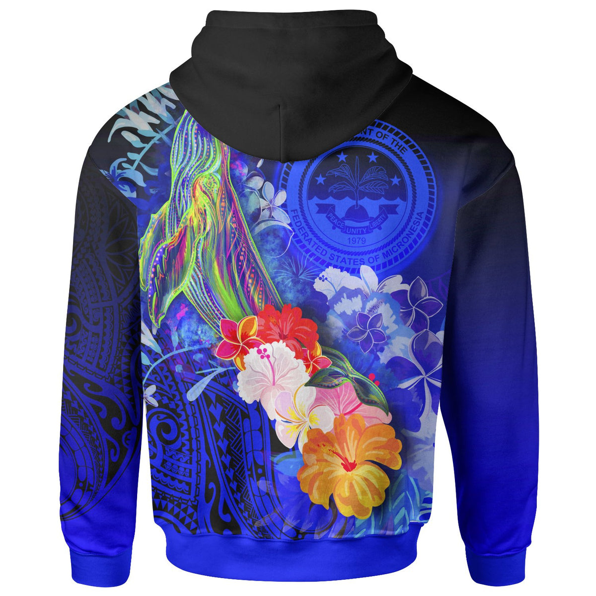 Custom Fsm Hoodie Humpback Whale with Tropical Flowers (Blue) - Polynesian Pride