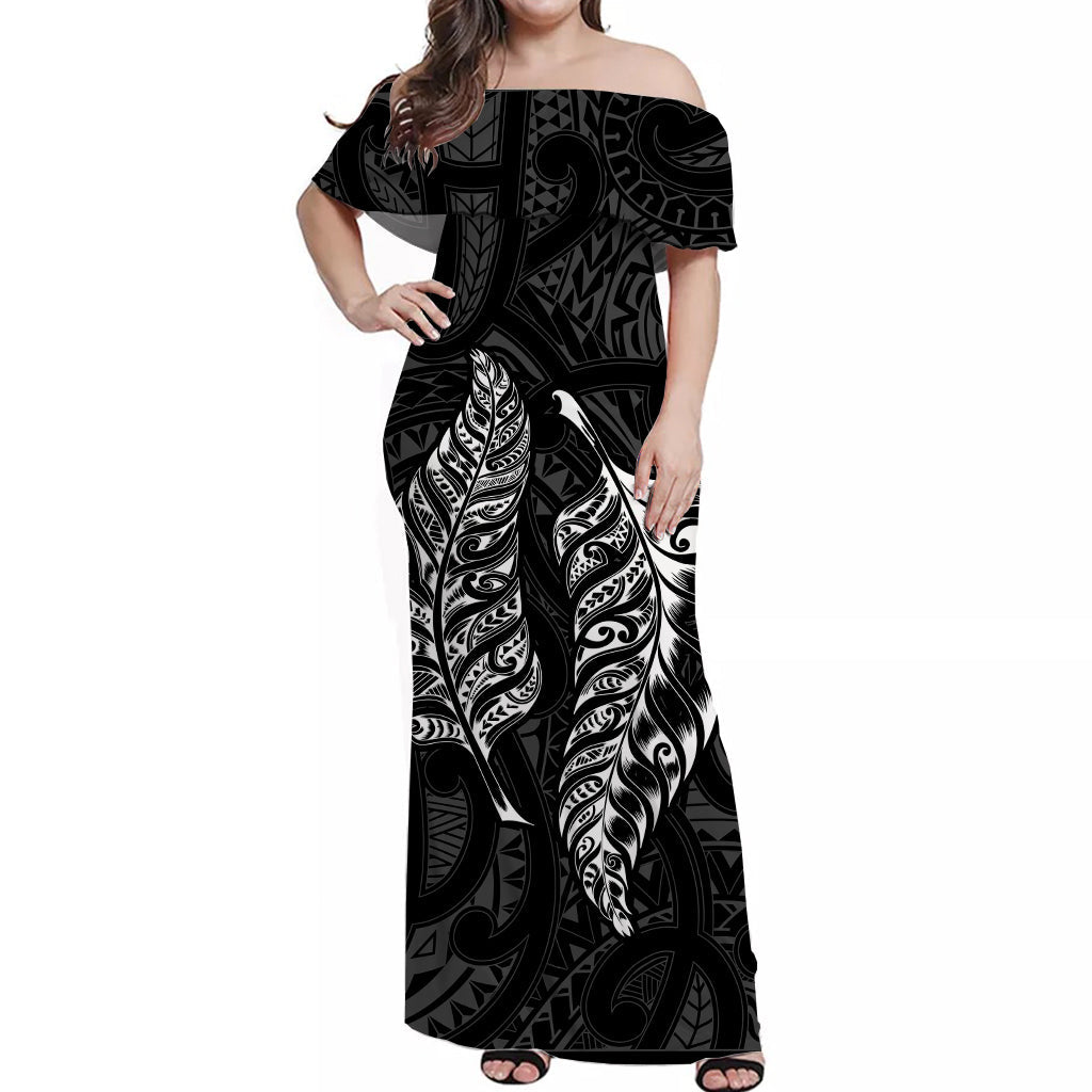 New Zealand Maori Off Shoulder Long Dress Aotearoa Mix Silver Fern Ver.02 LT13 Women Black - Polynesian Pride
