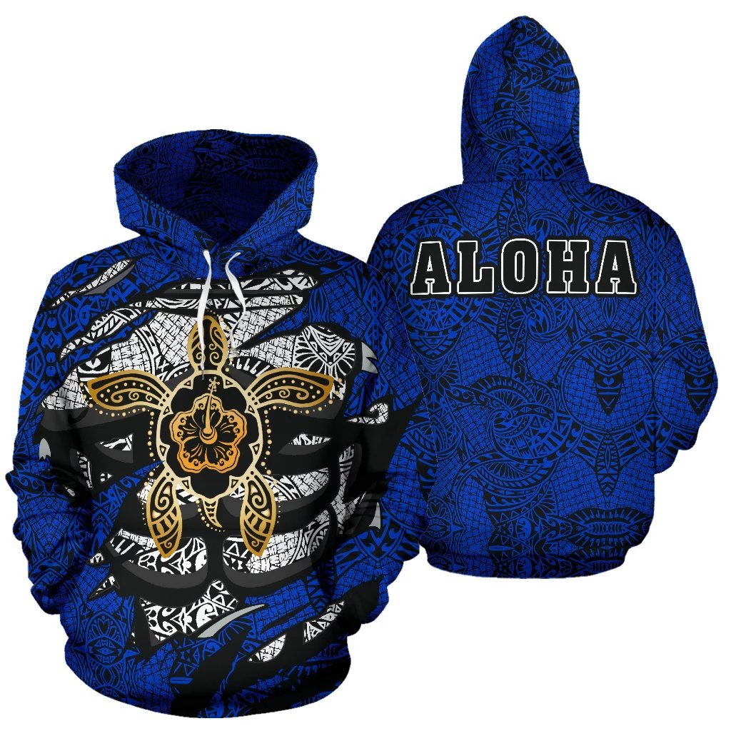 Aloha Turtle Hibiscus Polynesian Blue Hoodie Unisex White - Polynesian Pride