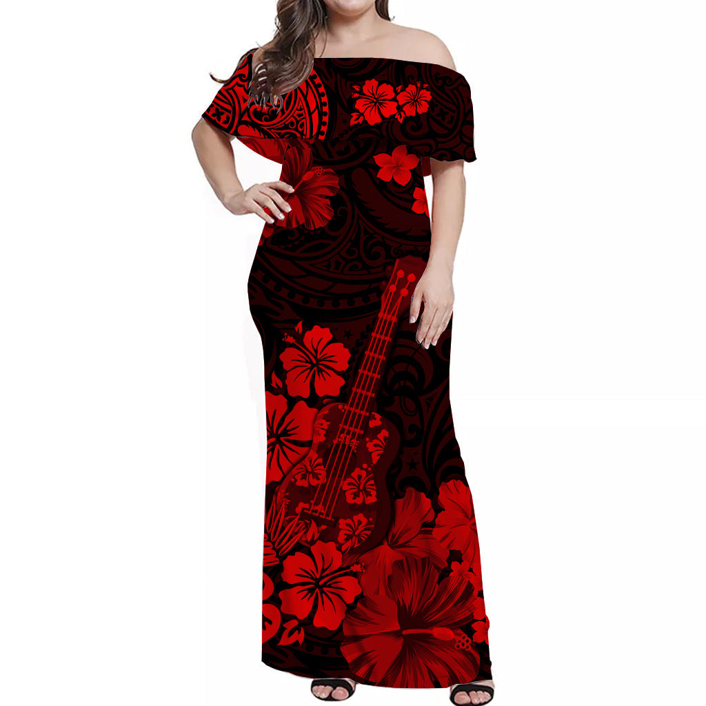 Hawaii Off Shoulder Long Dress Polynesia Red Ukulele Flowers LT13 Women Red - Polynesian Pride