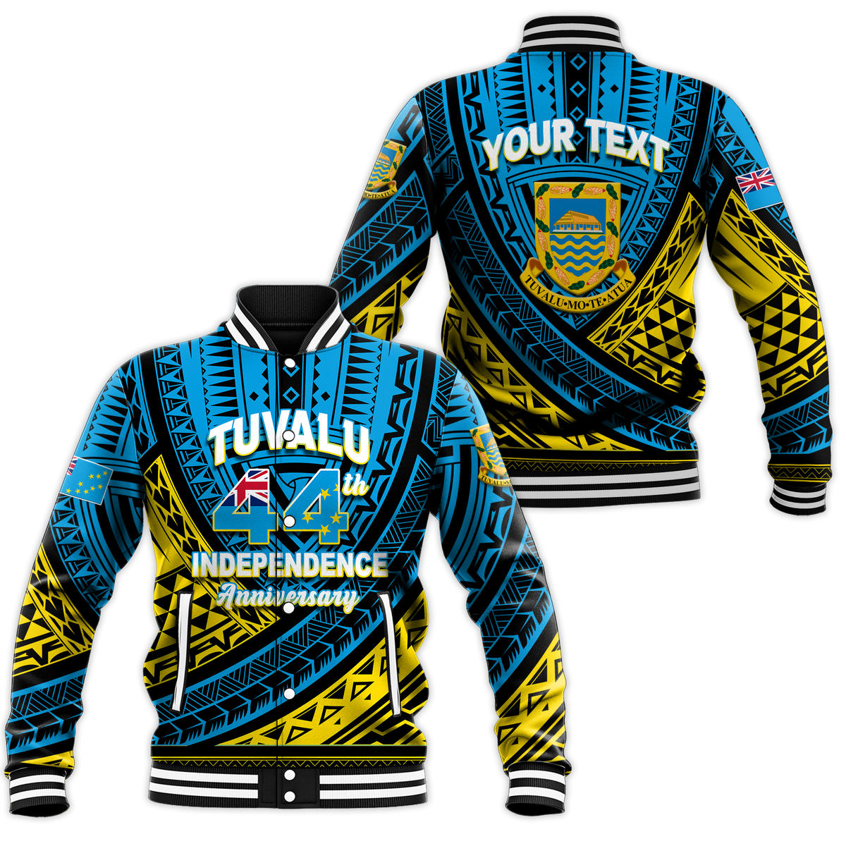 (Custom Personalised) Tuvalu Baseball Jacket 44th Independence Anniversary - Tribal Pattern - LT12 Unisex Blue - Polynesian Pride