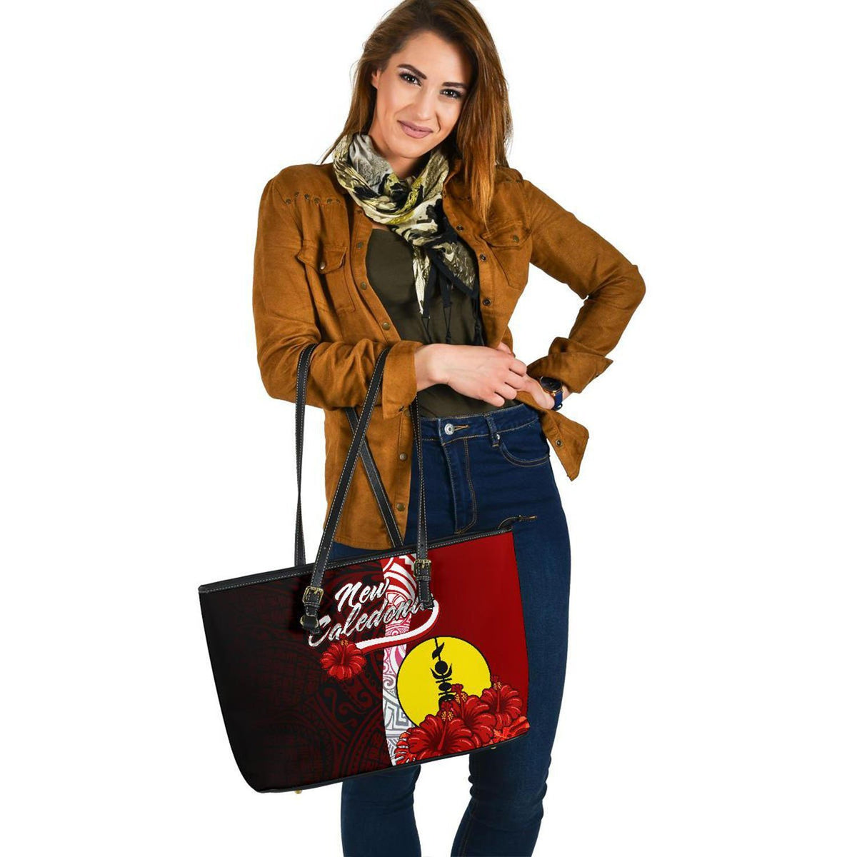 New Caledonia Polynesian Leather Tote Bag - Coat Of Arm With Hibiscus - Polynesian Pride