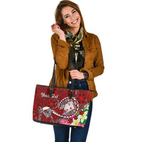 Fiji Custom Personalised Large Leather Tote Bag - Turtle Plumeria (Red) - Polynesian Pride