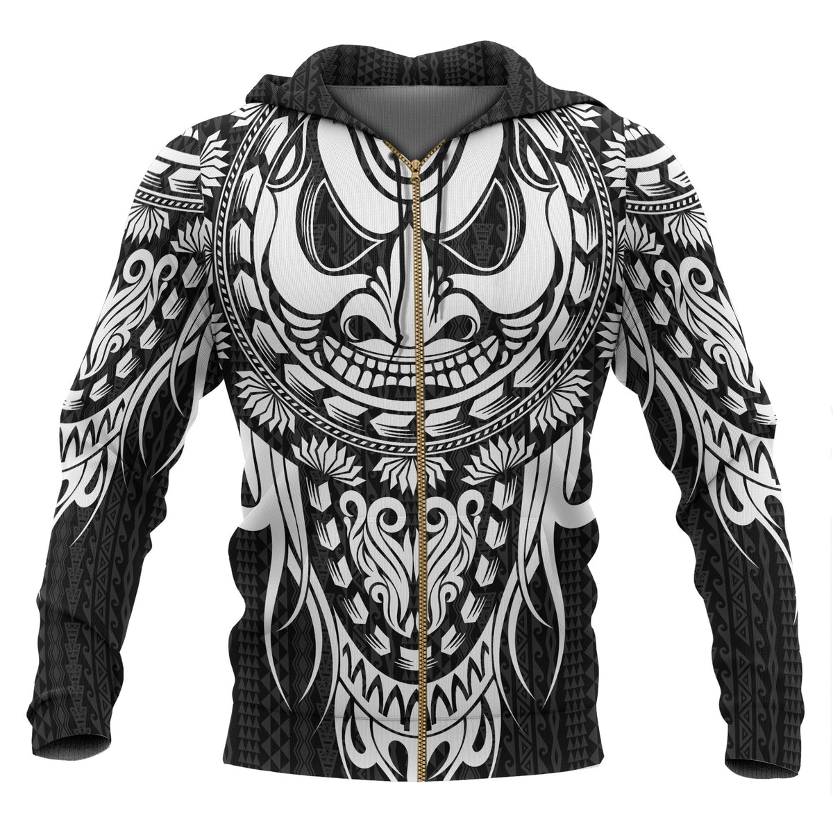 Polynesian All Over Zip up Hoodie Tattoo Tiki White Unisex White - Polynesian Pride