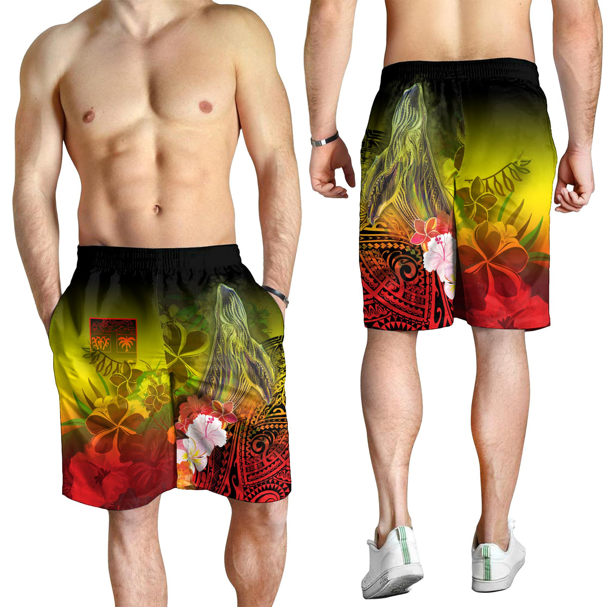 Fiji Men's Shorts - Humpback Whale with Tropical Flowers (Yellow) - Polynesian Pride