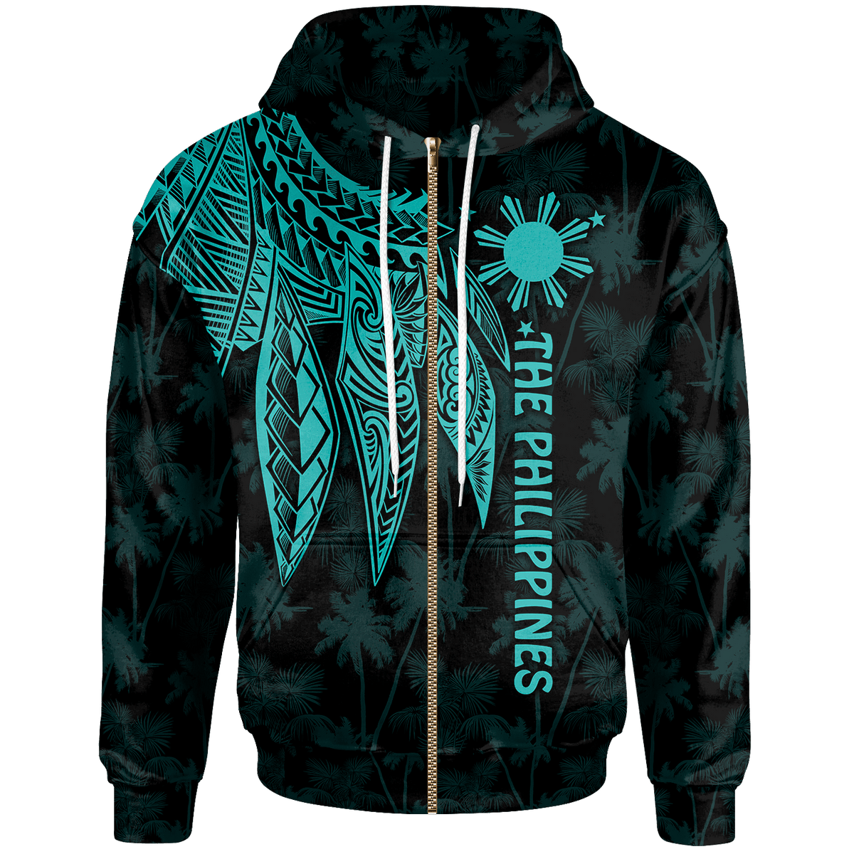 The Philippines Zip up Hoodie Polynesian Wings (TurQuoiSe) Unisex Turquoise - Polynesian Pride