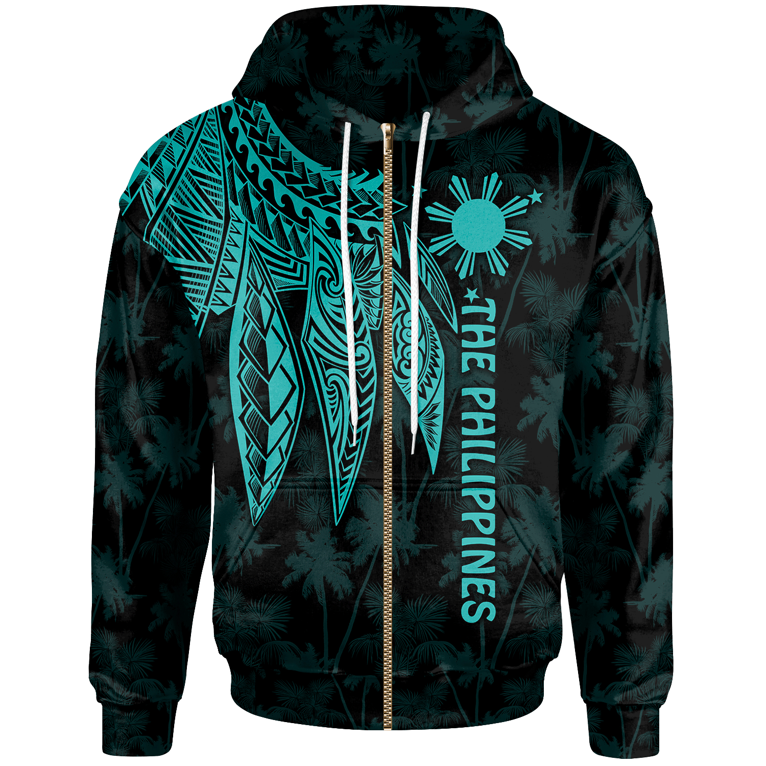The Philippines Zip up Hoodie Polynesian Wings (TurQuoiSe) Unisex Turquoise - Polynesian Pride