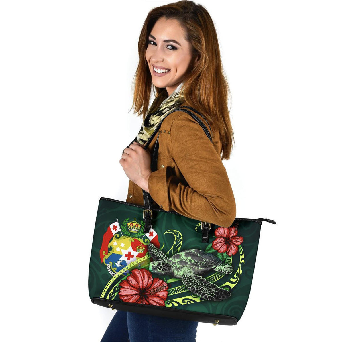 Tonga Polynesian Leather Tote Bag - Green Turtle Hibiscus - Polynesian Pride