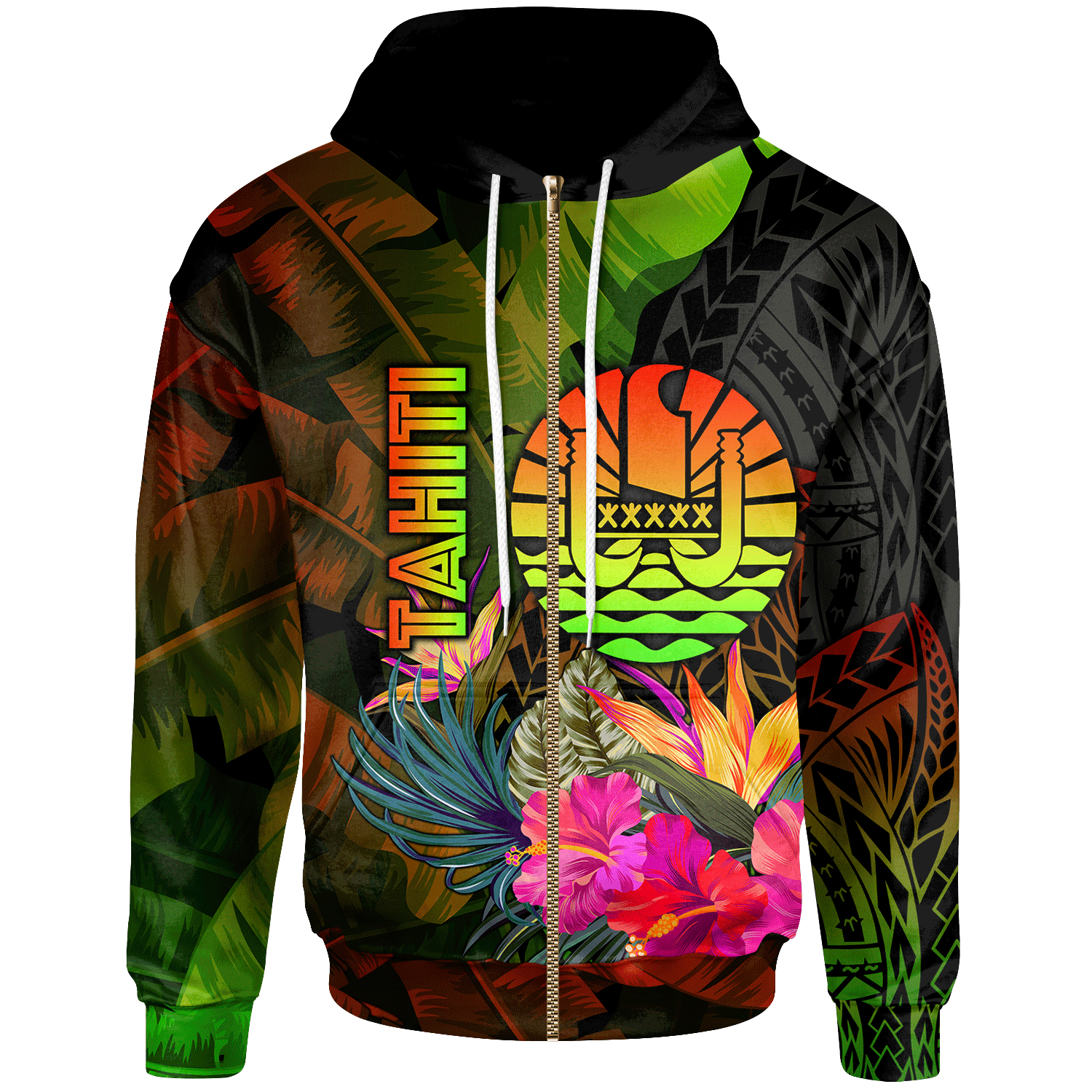 Tahiti Polynesian Zip up Hoodie Hibiscus and Banana Leaves Unisex Reggae - Polynesian Pride