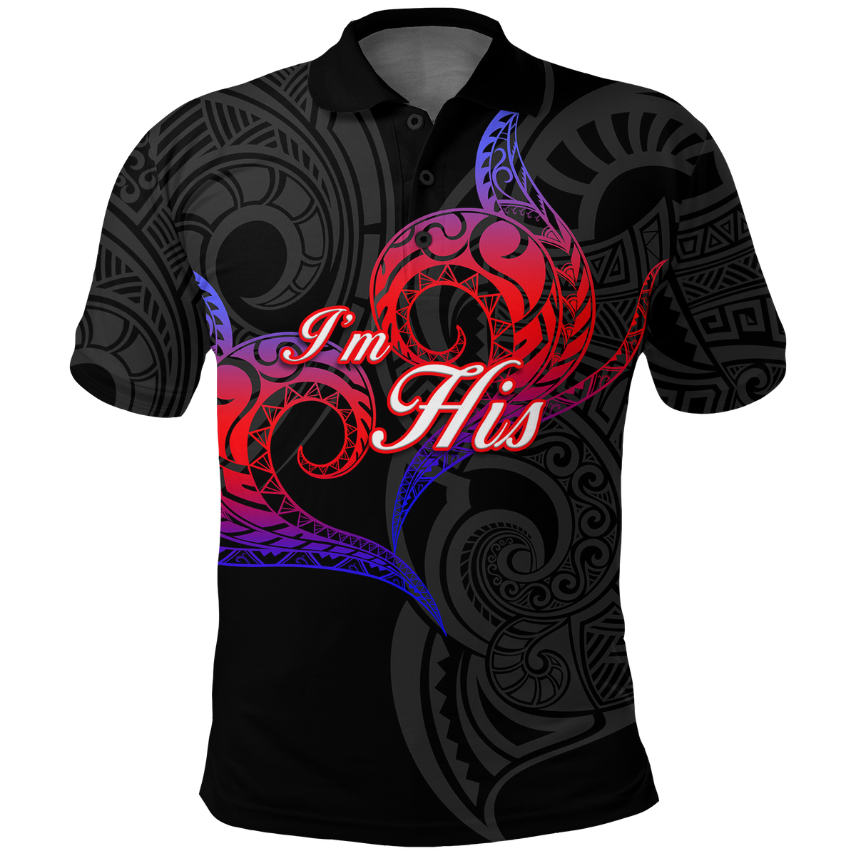 Valentine Day Guam Couple Im His Polo Shirt Heart Tribal LT12 Black - Polynesian Pride