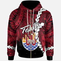 Tahiti Polynesian Zip up Hoodie Tribal Wave Tattoo Flag Style Unisex Black - Polynesian Pride
