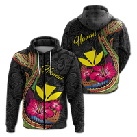 Hawaii Polynesian Fish Hook Hibiscus Hoodie LT12 Zip Hoodie Black - Polynesian Pride