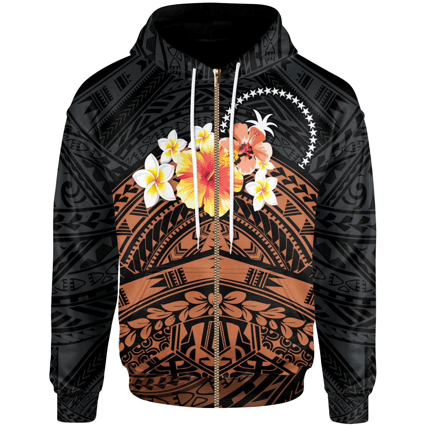 Chuuk Custom Zip up Hoodie Tribal Pattern Hibiscus Unisex Black - Polynesian Pride