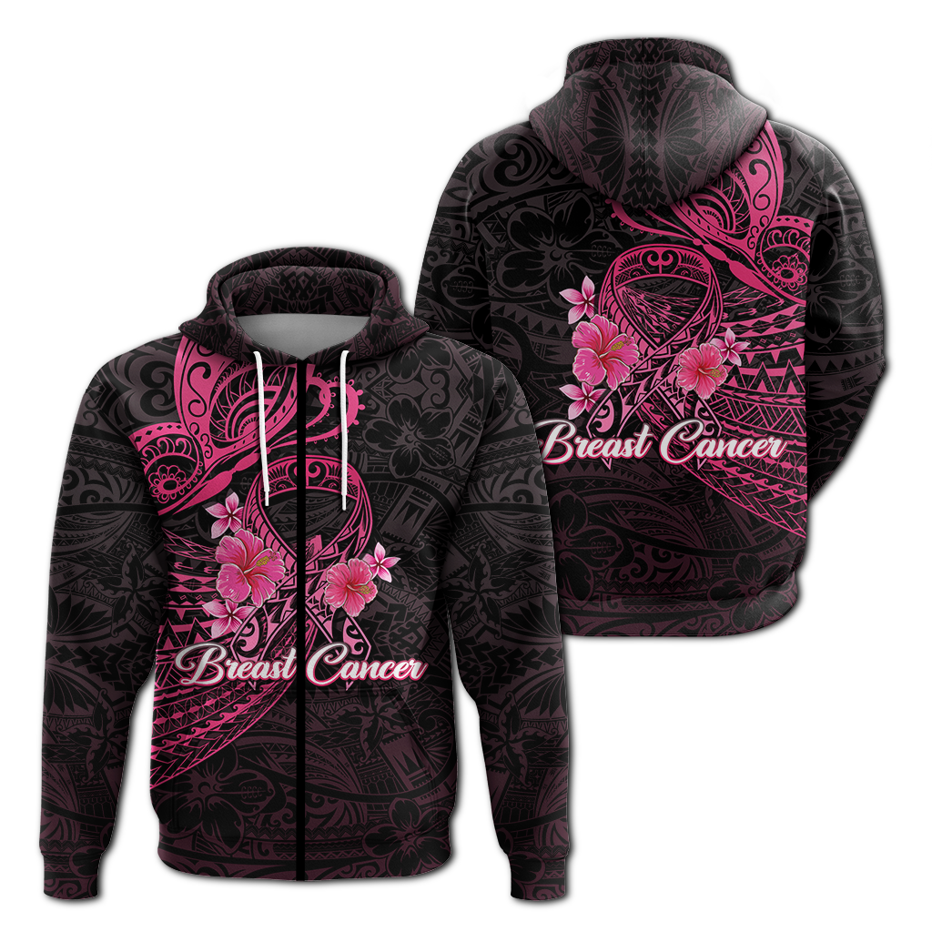 Breast Cancer Pink Ribbon Butterfly Polynesian Black Version Hoodie LT12 Zip Hoodie Black - Polynesian Pride