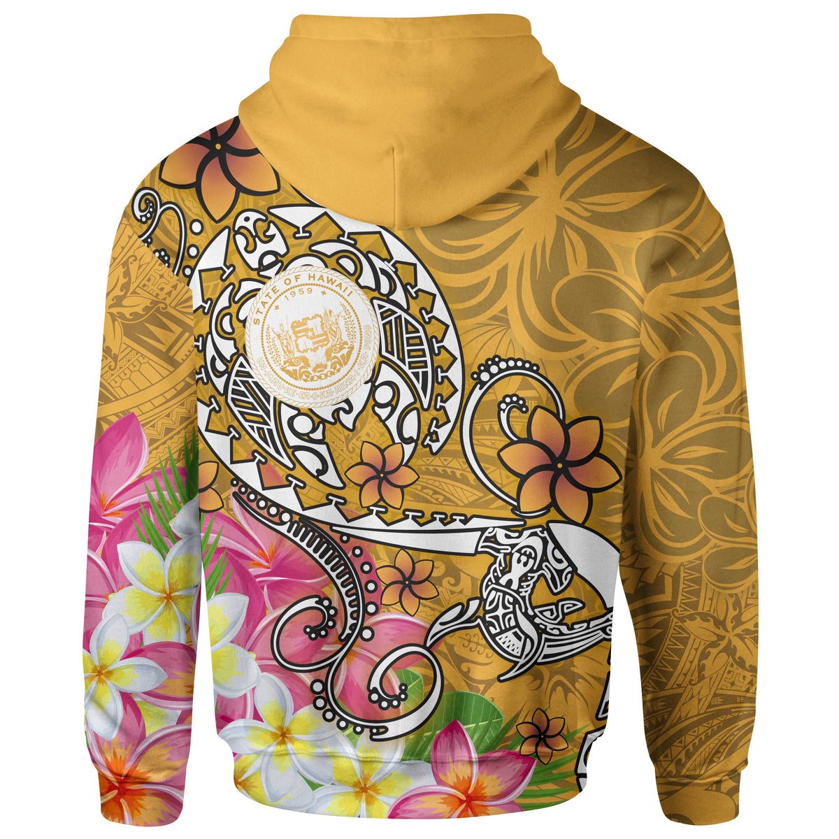 Hawaii Polynesian Zip up Hoodie Hawaii Seal With Turtle Plumeria (Gold) - Polynesian Pride