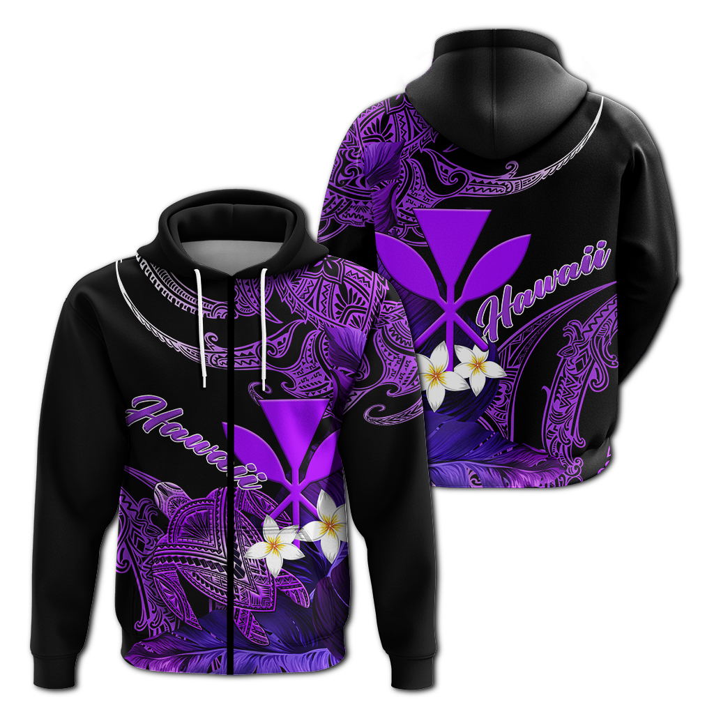 Hawaii Turtle With Plumeria Leaf Purple Hoodie LT12 Zip Hoodie Black - Polynesian Pride