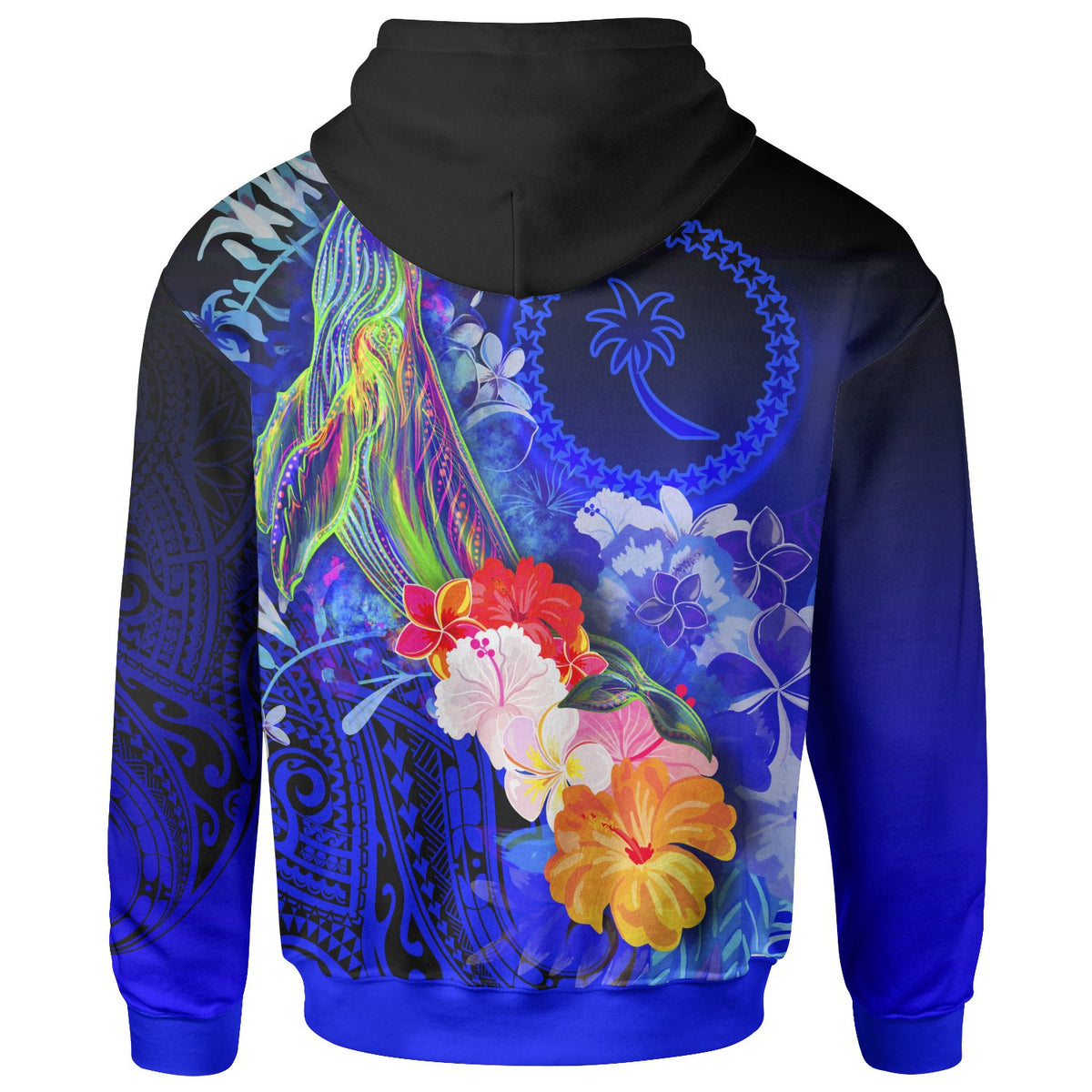 Tukszy Chuuk Hoodie Humpback Whale with Tropical Flowers (Blue) - Polynesian Pride