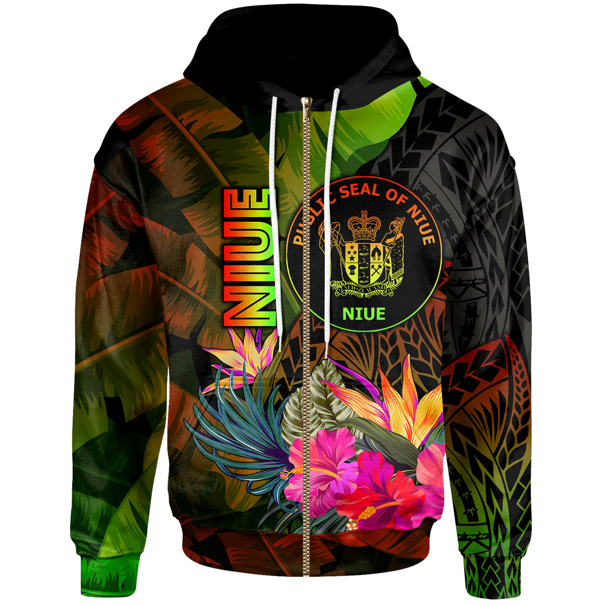 Niue Polynesian Zip up Hoodie Hibiscus and Banana Leaves Unisex Reggae - Polynesian Pride