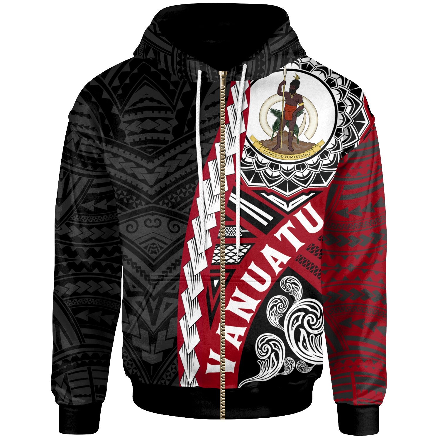 Vanuatu Polynesian Zip up Hoodie Wave Tattoo Unisex Black - Polynesian Pride