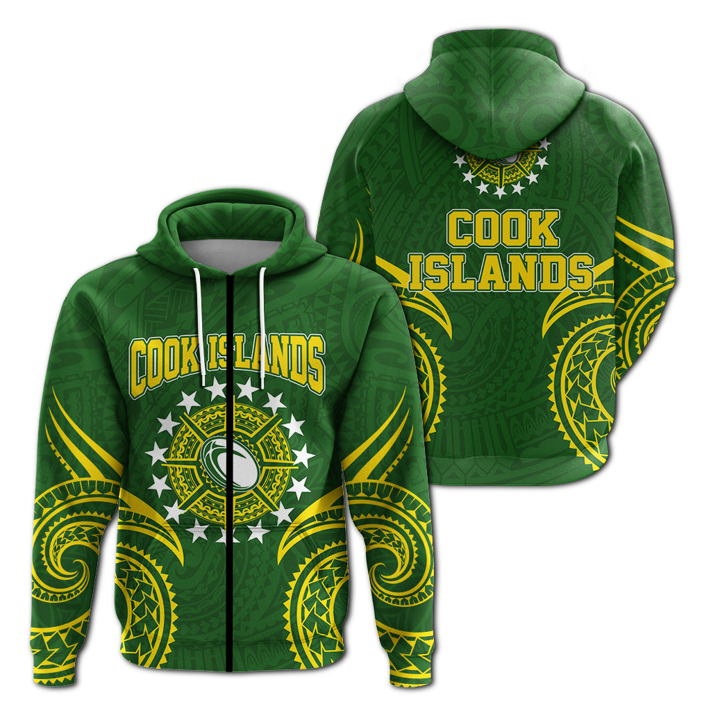 Cook Islands Rugby Zip up Hoodie Tribal Pattern LT12 Unisex Green - Polynesian Pride