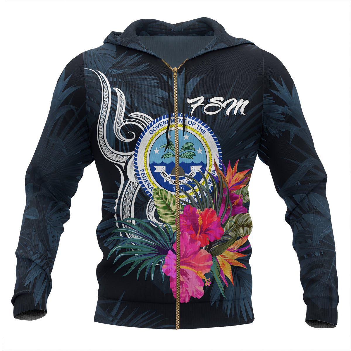 Federated States of Micronesia Zip up Hoodie Tropical Flowers Unisex Blue - Polynesian Pride