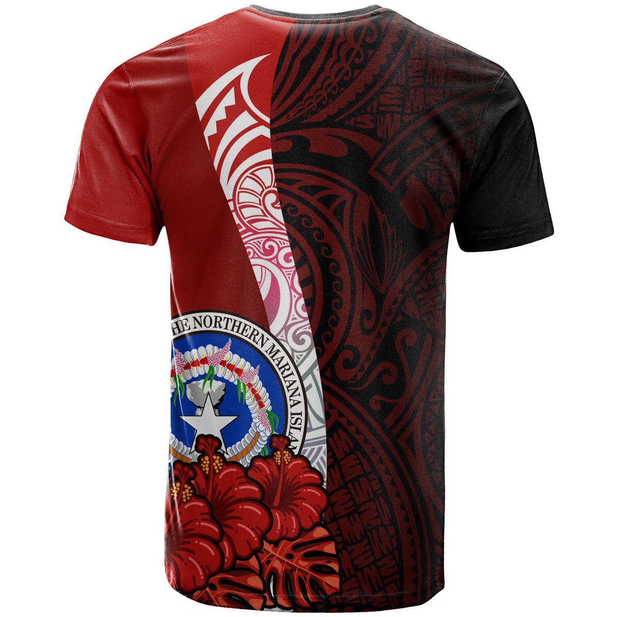 Northern Mariana Islands Polynesian Custom T Shirt Coat Of Arm With Hibiscus - Polynesian Pride