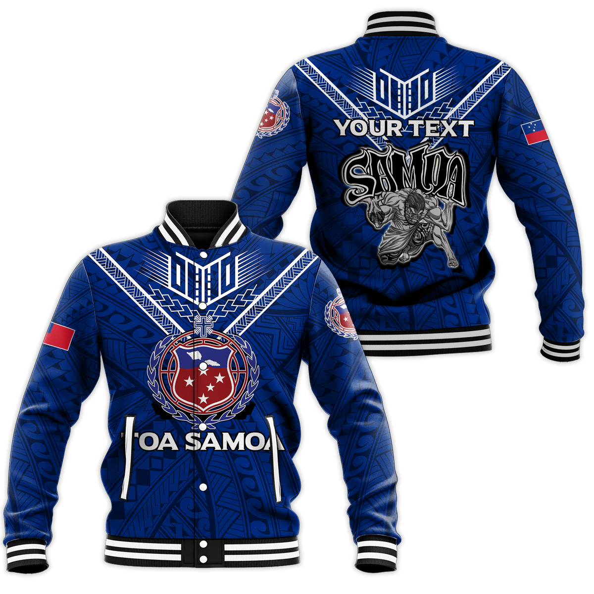 (Custom Personalised) Toa Samoa Rugby Baseball Jacket - Samoan Warrior Pride - LT12 Unisex Blue - Polynesian Pride
