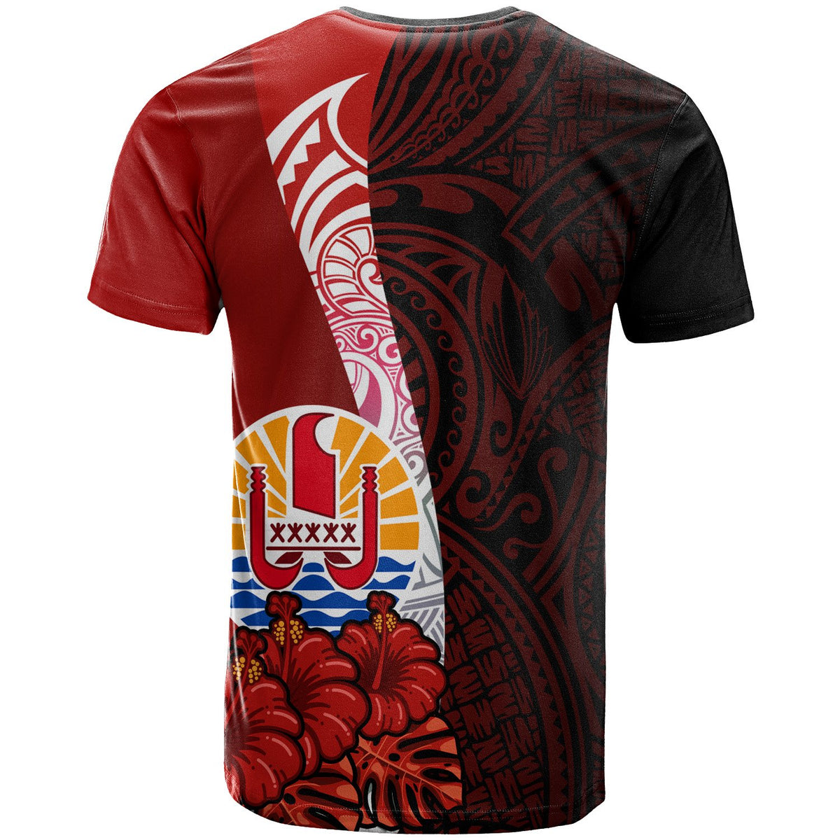 Tahiti Polynesian Custom T Shirt Coat of Arm With Hibiscus - Polynesian Pride