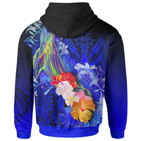Kosrae Hoodie Humpback Whale with Tropical Flowers (Blue) - Polynesian Pride